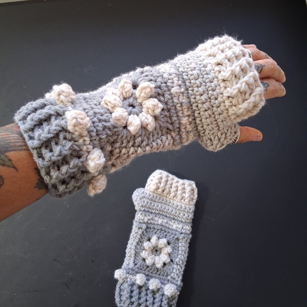 Chunky Handmade Gray and Cream Crochet Fingerless Gloves, Boho, Hippie